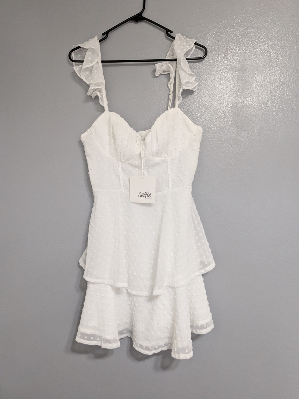Selfie Leslie White Swiss Dot Ruffle-Strap Tiered Mini Dress